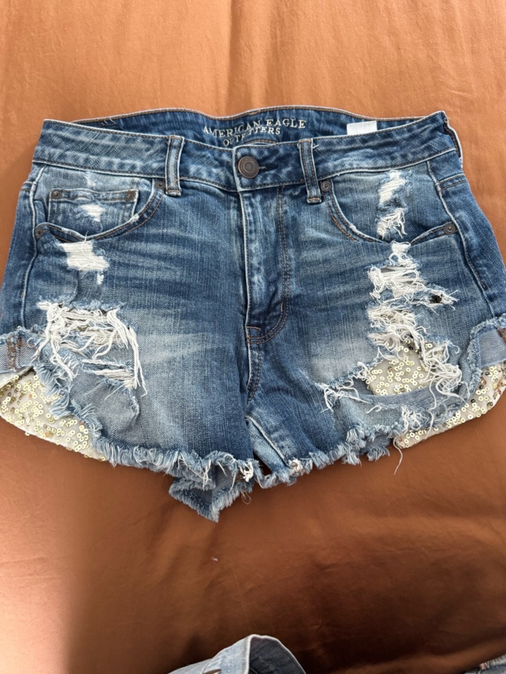 American Eagle Outfitters Blue Distressed Sequin-Trim Denim Shorts